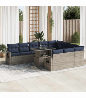 vidaXL 11 Piece Garden Sofa Set with Cushions Grey Poly Rattan Acacia