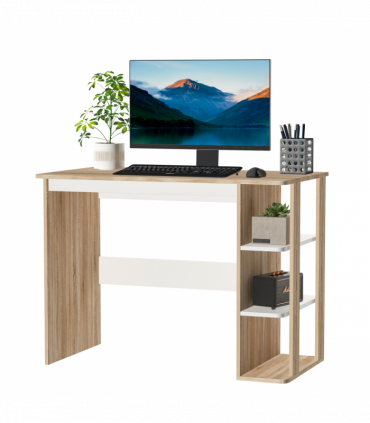 Desk & 3-Tier Side Shelves White Oak Wood-Effect Wide Table 74H x 100W x 55Dcm
