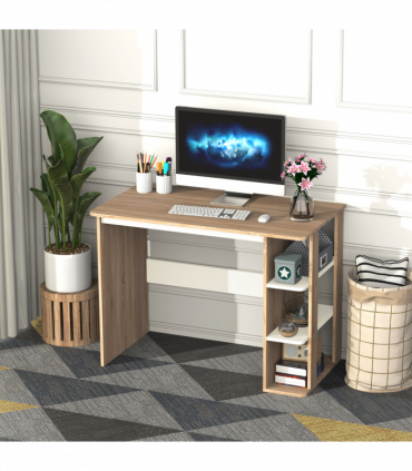 Desk & 3-Tier Side Shelves White Oak Wood-Effect Wide Table 74H x 100W x 55Dcm