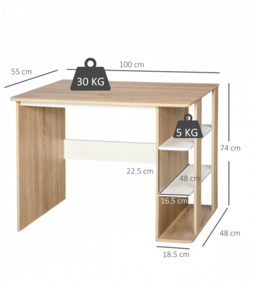Desk & 3-Tier Side Shelves White Oak Wood-Effect Wide Table 74H x 100W x 55Dcm