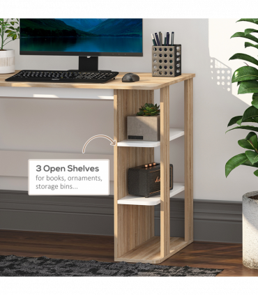 Desk & 3-Tier Side Shelves White Oak Wood-Effect Wide Table 74H x 100W x 55Dcm
