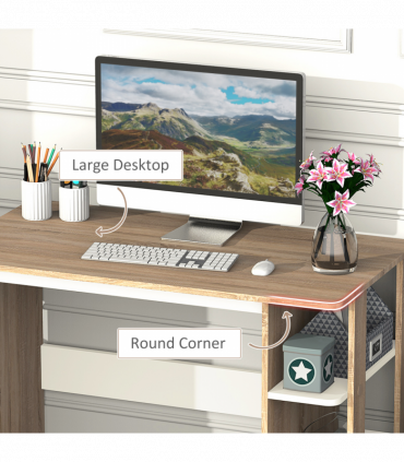 Desk & 3-Tier Side Shelves White Oak Wood-Effect Wide Table 74H x 100W x 55Dcm