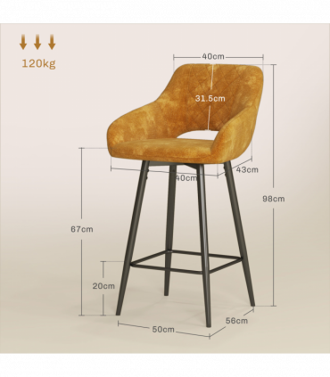 HOMCOM Bar Stools Set of 2, Velvet-Touch Fabric Counter Height Bar Chairs Brown