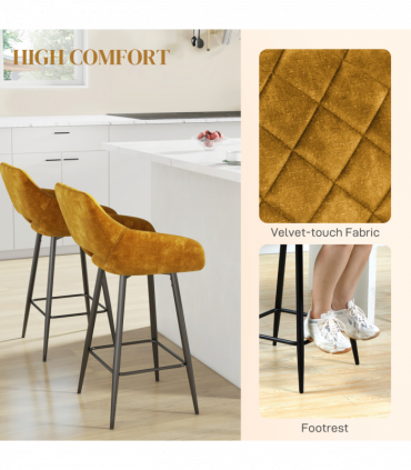 HOMCOM Bar Stools Set of 2, Velvet-Touch Fabric Counter Height Bar Chairs Brown