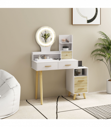 HOMCOM Dressing Table with Mirror, Vanity Table with LED Lights, White