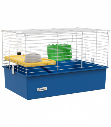 PawHut Small Animal Cage, Rabbit Guinea Pig Hutch, Pet Playhouse, Blue