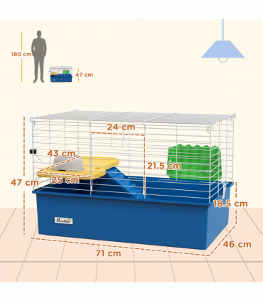 PawHut Small Animal Cage, Rabbit Guinea Pig Hutch, Pet Playhouse, Blue