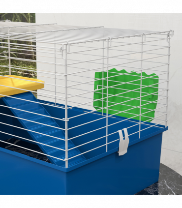 PawHut Small Animal Cage, Rabbit Guinea Pig Hutch, Pet Playhouse, Blue