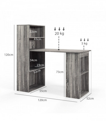 HOMCOM 120cm Computer Desk Bookshelf Writing Table Workstation 6 Shelves Grey