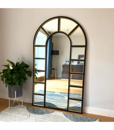 Mio - Full Length Black & Gold Metal Arched Window Mirror - 180cm x 105cm.