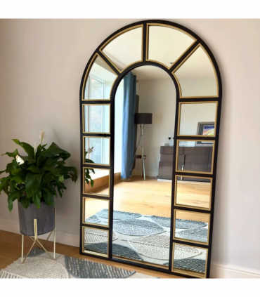 Mio - Full Length Black & Gold Metal Arched Window Mirror - 180cm x 105cm.