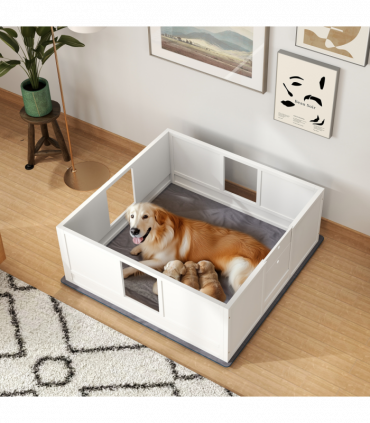 PawHut Dog Whelping Box with Whelping Pad, Adjustable Entrance, 124 x 120cm