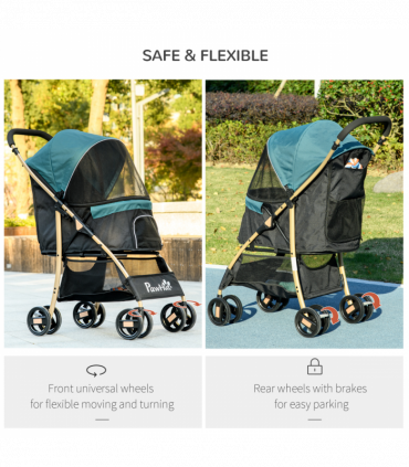 PawHut Pet Stroller for XS and S Dogs with Rain Cover - Dark Green