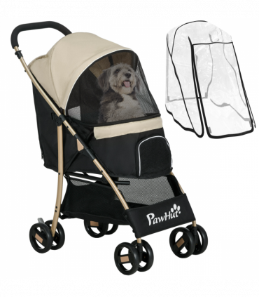 PawHut Pet Stroller for XS and S Dogs with Rain Cover - Khaki
