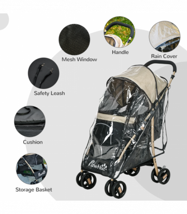 PawHut Pet Stroller for XS and S Dogs with Rain Cover - Khaki