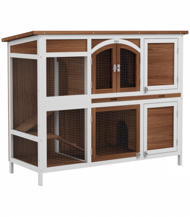 PawHut Two-Tier Wooden Rabbit Hutch w/ Openable Roof, Slide-Out Tray, Ramp