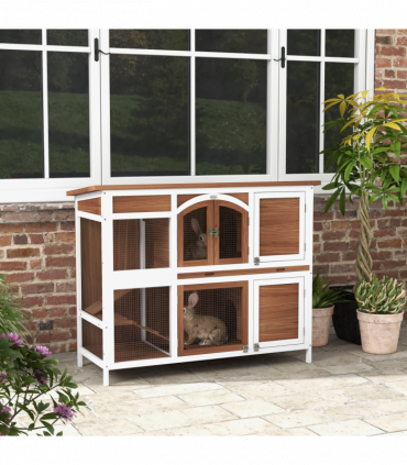 PawHut Two-Tier Wooden Rabbit Hutch w/ Openable Roof, Slide-Out Tray, Ramp