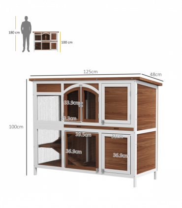 PawHut Two-Tier Wooden Rabbit Hutch w/ Openable Roof, Slide-Out Tray, Ramp