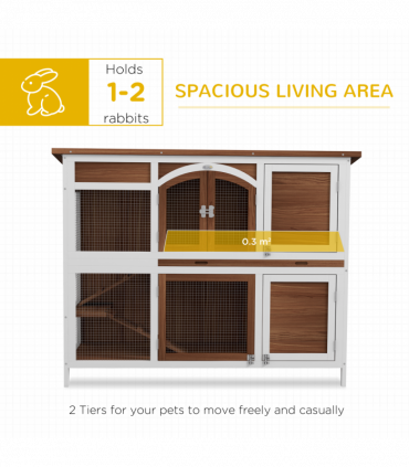 PawHut Two-Tier Wooden Rabbit Hutch w/ Openable Roof, Slide-Out Tray, Ramp