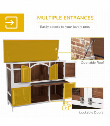 PawHut Two-Tier Wooden Rabbit Hutch w/ Openable Roof, Slide-Out Tray, Ramp