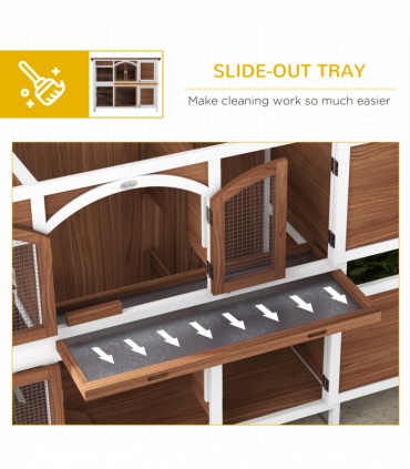 PawHut Two-Tier Wooden Rabbit Hutch w/ Openable Roof, Slide-Out Tray, Ramp