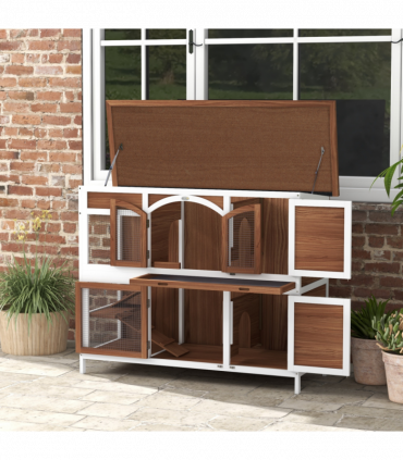 PawHut Two-Tier Wooden Rabbit Hutch w/ Openable Roof, Slide-Out Tray, Ramp