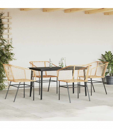 vidaXL 5 Piece Garden Dining Set Brown Poly Rattan Glass