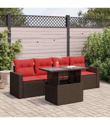 vidaXL 5 Piece Garden Sofa Set with Cushions Brown Poly Rattan Acacia