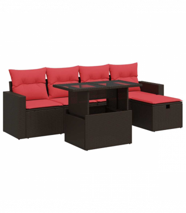 vidaXL 6 Piece Garden Sofa Set with Cushions Black Poly Rattan Acacia