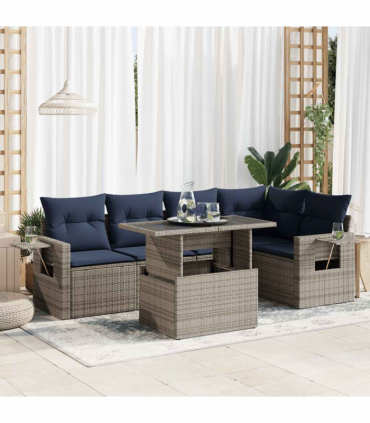vidaXL 6 Piece Garden Sofa Set with Cushions Grey Poly Rattan Acacia