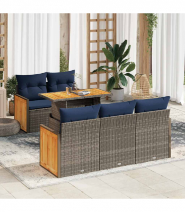 vidaXL 6 Piece Garden Sofa Set with Cushions Grey Poly Rattan Acacia
