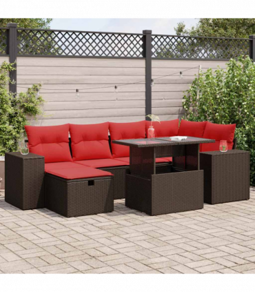 vidaXL 7 Piece Garden Sofa Set with Cushions Black Poly Rattan Acacia