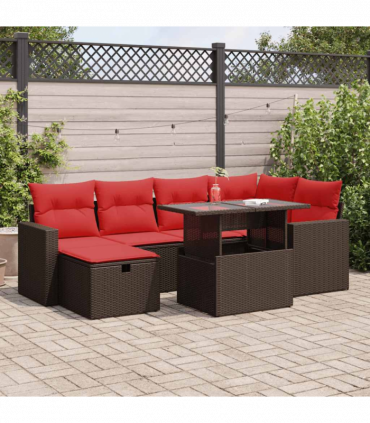 vidaXL 7 Piece Garden Sofa Set with Cushions Black Poly Rattan Acacia