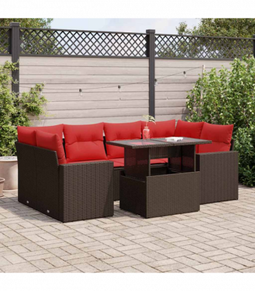 vidaXL 7 Piece Garden Sofa Set with Cushions Brown Poly Rattan Acacia