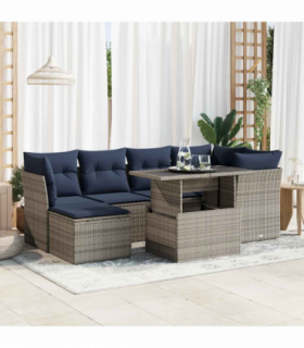 vidaXL 7 Piece Garden Sofa Set with Cushions Grey Poly Rattan Acacia
