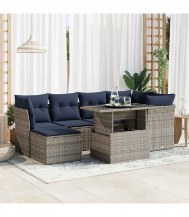 vidaXL 7 Piece Garden Sofa Set with Cushions Grey Poly Rattan Acacia