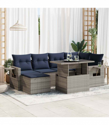 vidaXL 7 Piece Garden Sofa Set with Cushions Grey Poly Rattan Acacia