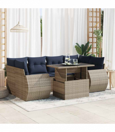 vidaXL 7 Piece Garden Sofa Set with Cushions Grey Poly Rattan Acacia