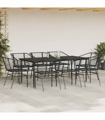vidaXL 9 Piece Garden Dining Set Black Poly Rattan Glass