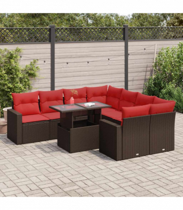vidaXL 9 Piece Garden Sofa Set with Cushions Brown Poly Rattan Acacia