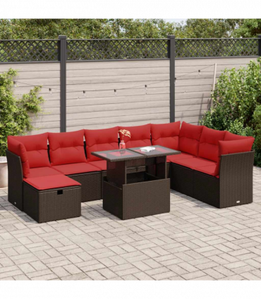 vidaXL 9 Piece Garden Sofa Set with Cushions Brown Poly Rattan Acacia