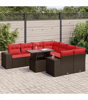 vidaXL 9 Piece Garden Sofa Set with Cushions Brown Poly Rattan Acacia