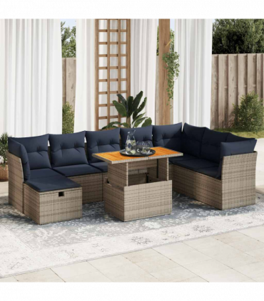 vidaXL 9 Piece Garden Sofa Set with Cushions Brown Poly Rattan Acacia