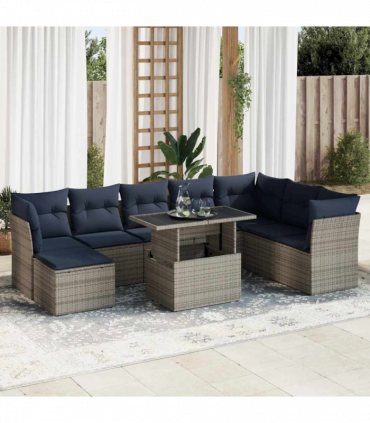 vidaXL 9 Piece Garden Sofa Set with Cushions Grey Poly Rattan Acacia