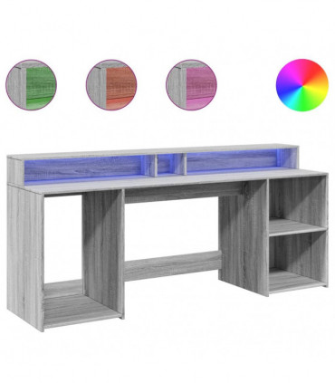 vidaXL Desk with LED Lights Grey Sonoma 200x55x91 cm Engineered Wood
