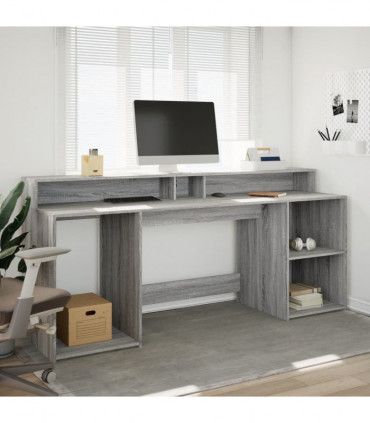 vidaXL Desk with LED Lights Grey Sonoma 200x55x91 cm Engineered Wood