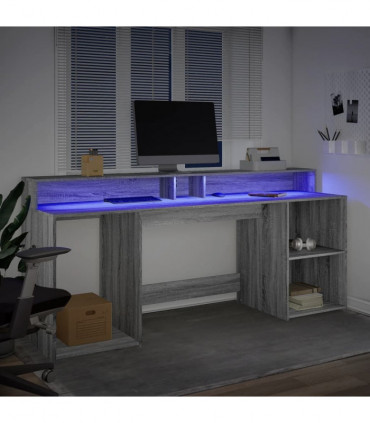 vidaXL Desk with LED Lights Grey Sonoma 200x55x91 cm Engineered Wood