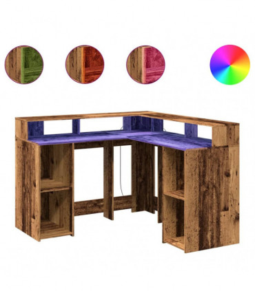 vidaXL Desk with LED Lights Old Wood 130x130x91 cm Engineered Wood