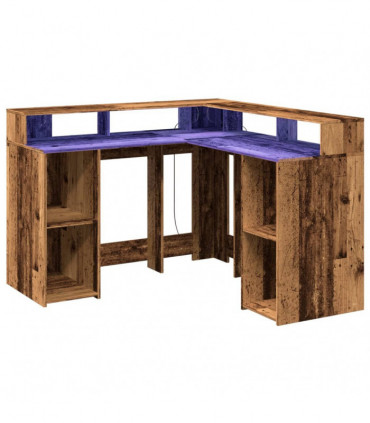 vidaXL Desk with LED Lights Old Wood 130x130x91 cm Engineered Wood