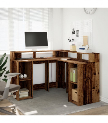 vidaXL Desk with LED Lights Old Wood 130x130x91 cm Engineered Wood